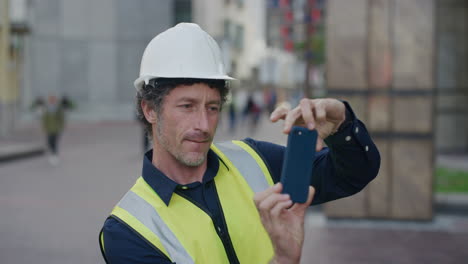 Porträt-Eines-Reifen-Bauarbeiters-Mit-Smartphone,-Der-Fotos-Macht.-Ingenieur,-Der-Vor-Ort-Arbeitet-Und-Einen-Schutzhelm-Mit-Reflektierender-Kleidung-In-Zeitlupe-In-Der-Stadt-Trägt