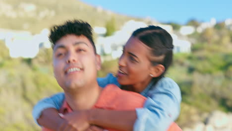 beach, travel and couple piggy back in nature