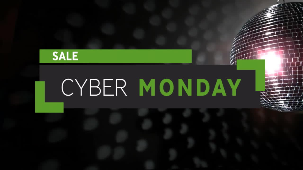 Cyber Monday sale animation over dark background with disco ball