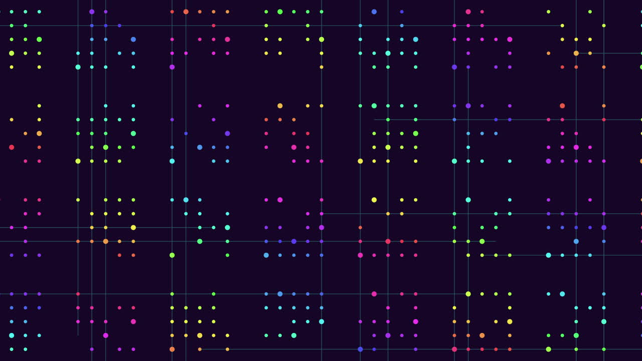 A grid of colored dots on a black background forms an intricate visual pattern suitable for diverse design projects, showcasing a variety of hues in an aesthetically pleasing arrangement