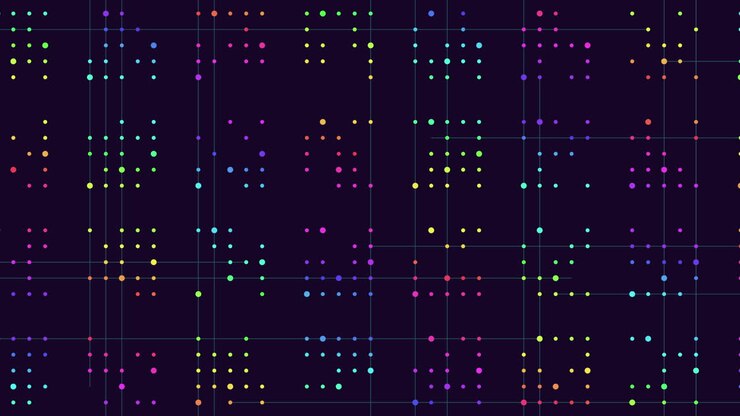 A grid of colored dots on a black background forms an intricate visual pattern suitable for diverse design projects, showcasing a variety of hues in an aesthetically pleasing arrangement