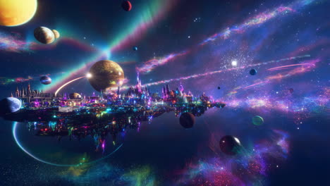a vibrant floating city in a cosmic galaxy