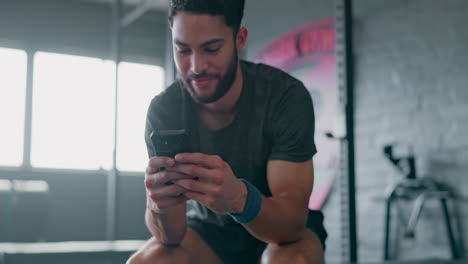 phone, fitness and man relax in gym tracking