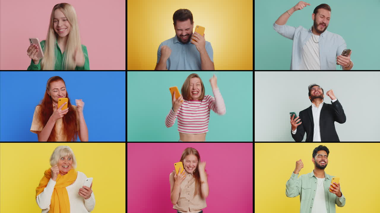 collage de personas sonrientes felices hombres mujeres usan teléfonos móviles celebrando ganar buenas noticias jugar un juego