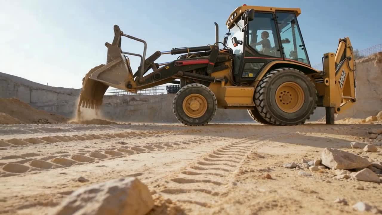 Yellow Backhoe Loader Digging and Moving Sand at Construction Site