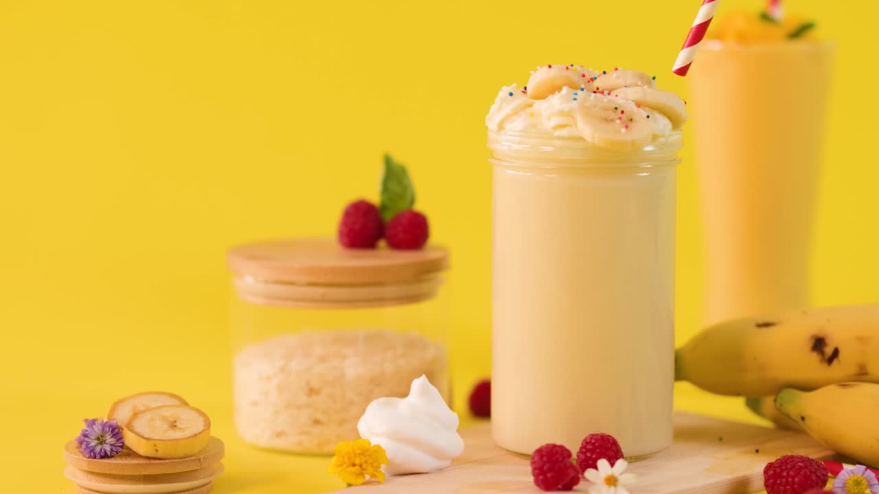 Una mano inserisce una cannuccia a strisce in un cremoso frullato di banana con panna montata