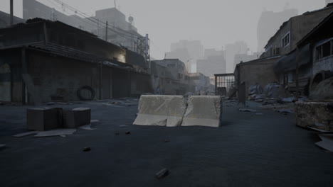 desolate urban street with concrete barriers and abandoned buildings at dusk