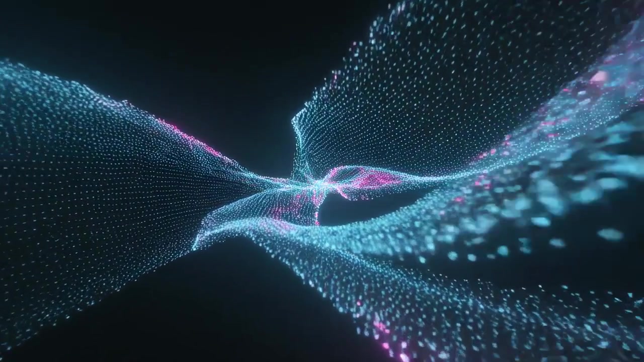 Moving camera pushing cyan point ribbons toward center in dark void to pass knot, pulsing nodes