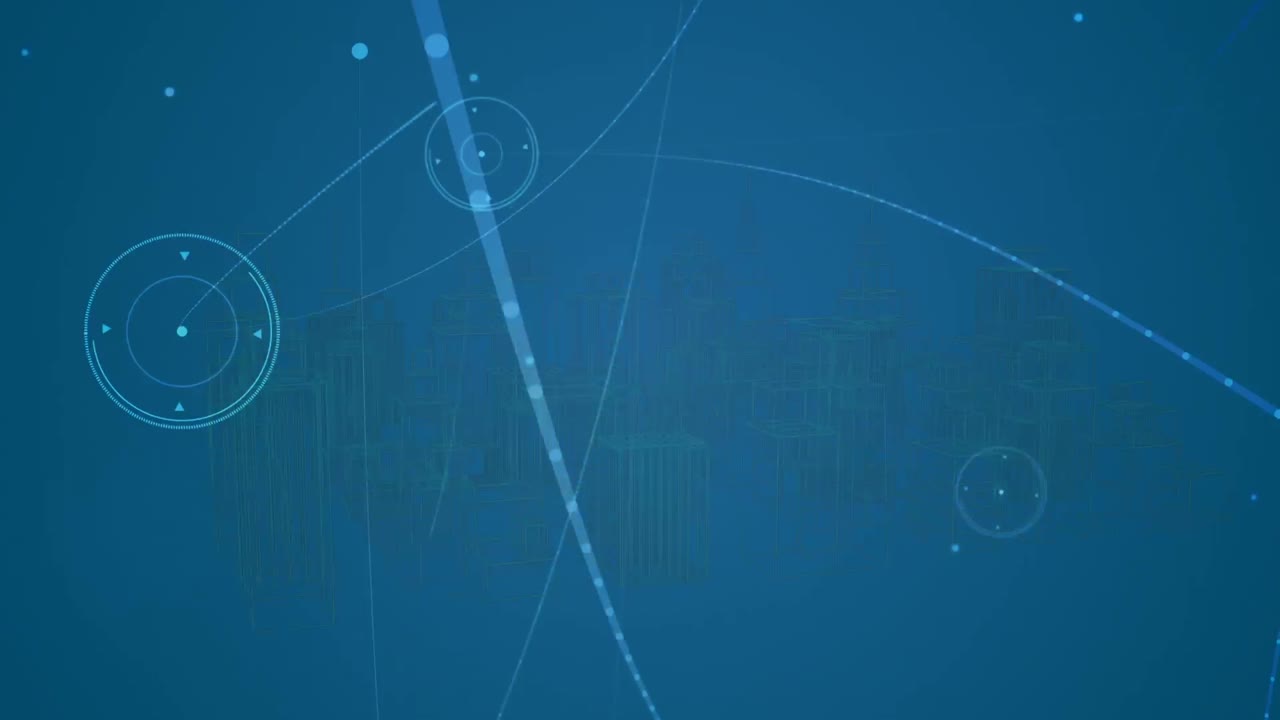 Animation of network of connections over digital city on blue background