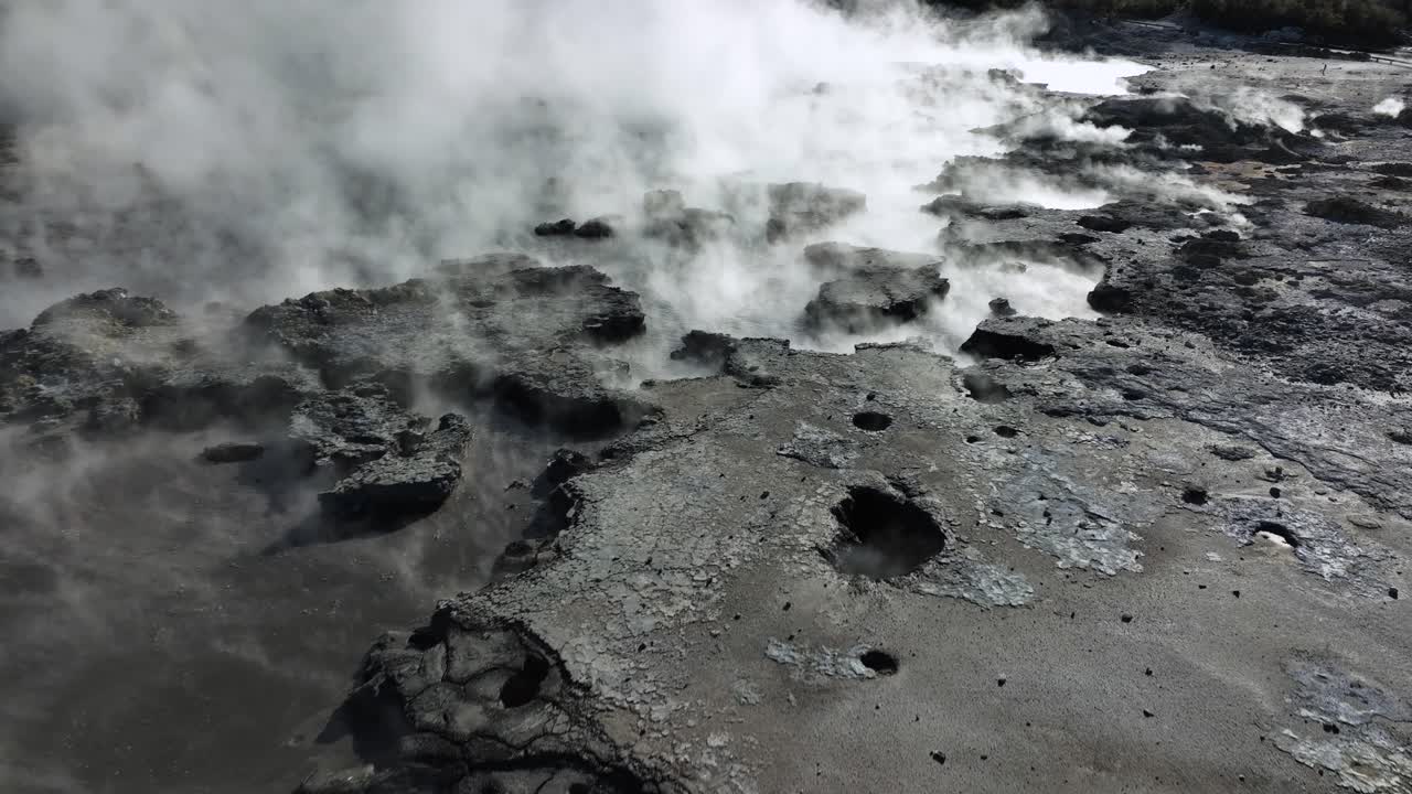 Alien landscape, Drone slowly flying over geothermal landscape. Trees, steam, bubbling mud and steam. Alien Landscape. Sci-fi. Global Warming