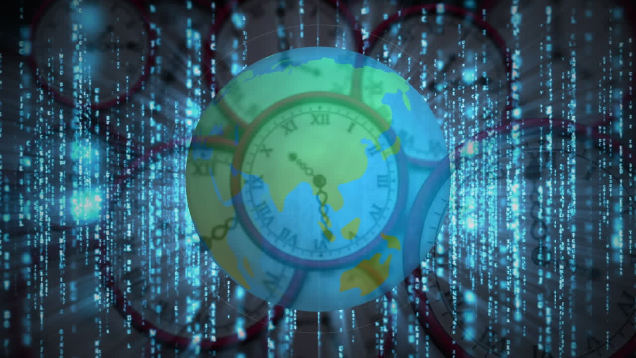 Animation of data processing and globe over multiple clocks moving fast