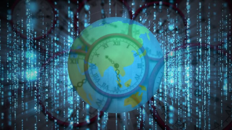 Animation of data processing and globe over multiple clocks moving fast