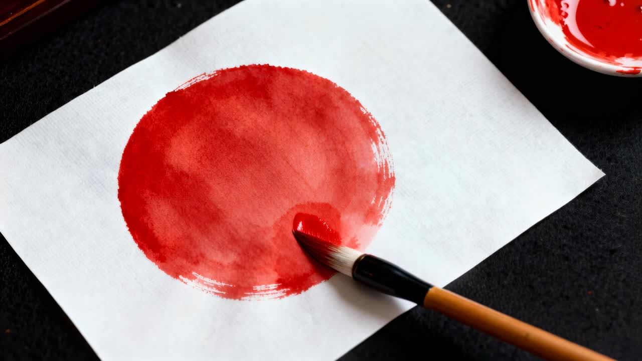 Immergi il pennello nel contenitore di pittura, premi il pigmento nel cerchio in basso a destra sul tappetino nero, perfezionando la tonalità