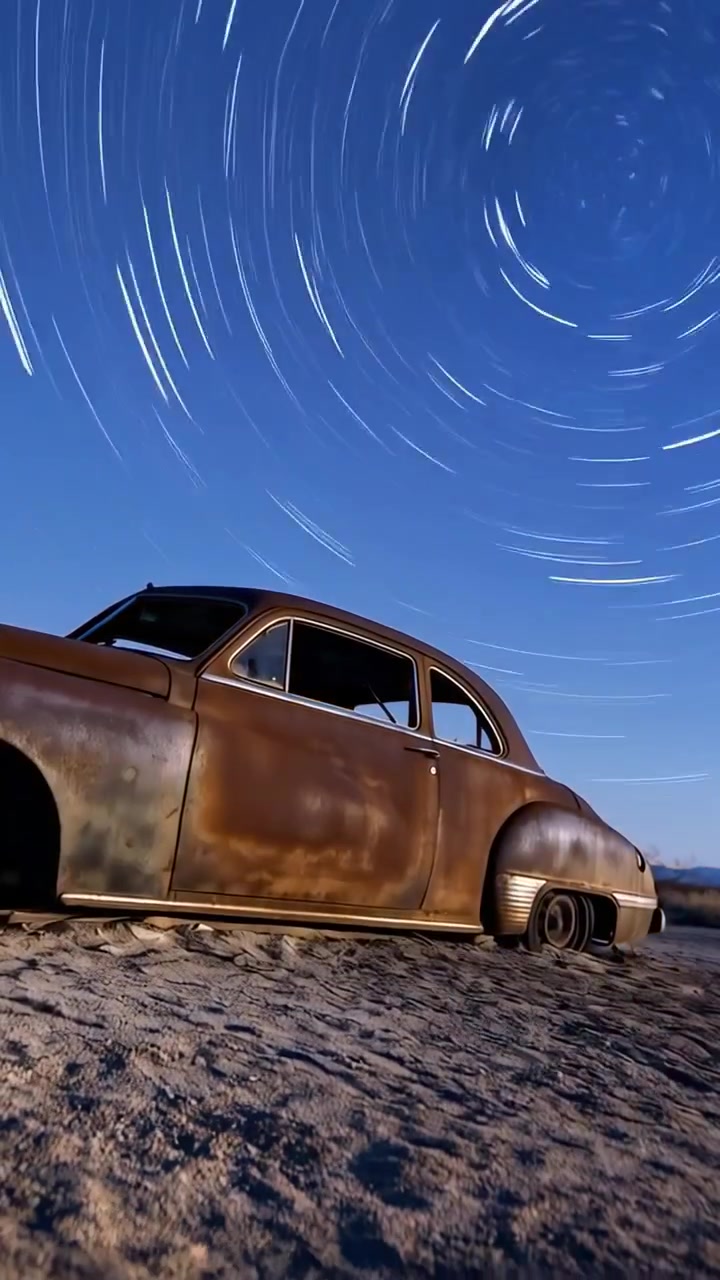 Vertikales Video: Aufnahmekamera bei Dämmerung auf der Playa, fängt Sterne über verrosteter Limousine ein, die Rost zeigt.