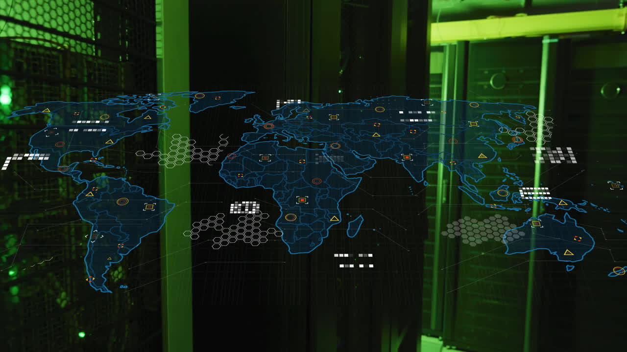 World map with data points and network connections animation over server room