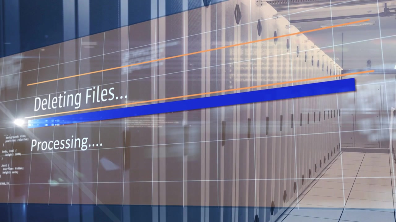 Vertical video: Server racks lining datacenter as Processing showing deleting bar filling UI fading