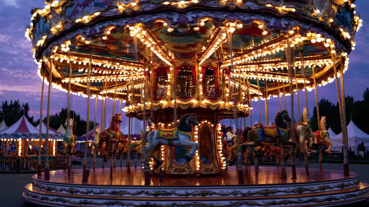 A low-angle video shot of a brightly lit carousel at dusk, capturing its nostalgic charm and vibrant