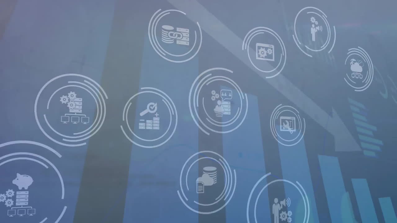 Animazione di icone e elaborazione dati su sfondo scuro