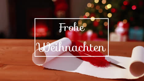 animation of frohe weihnachten greeting text in frame over red quill and scroll, christmas tree
