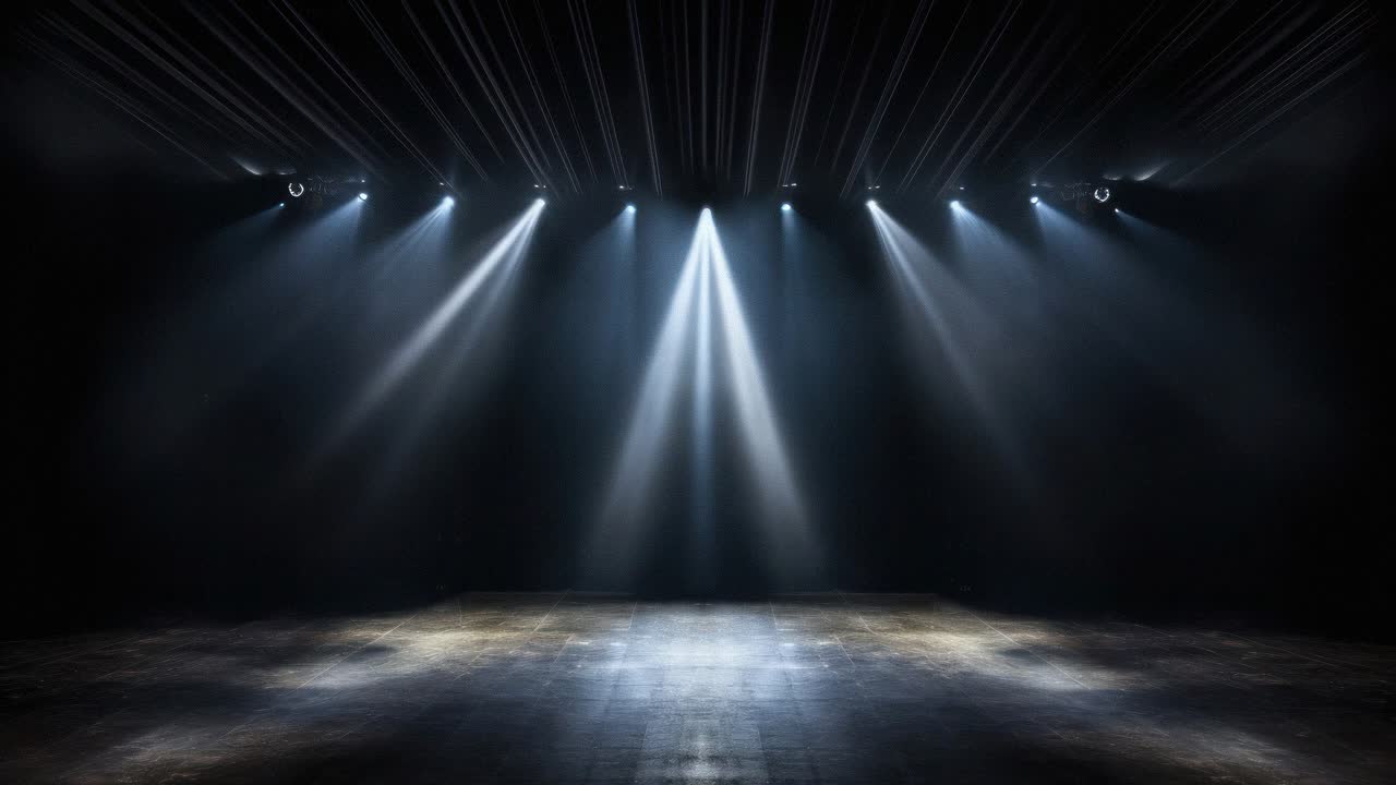 Dramatic stage lighting with three spotlights converging on a wooden floor, captured from a low