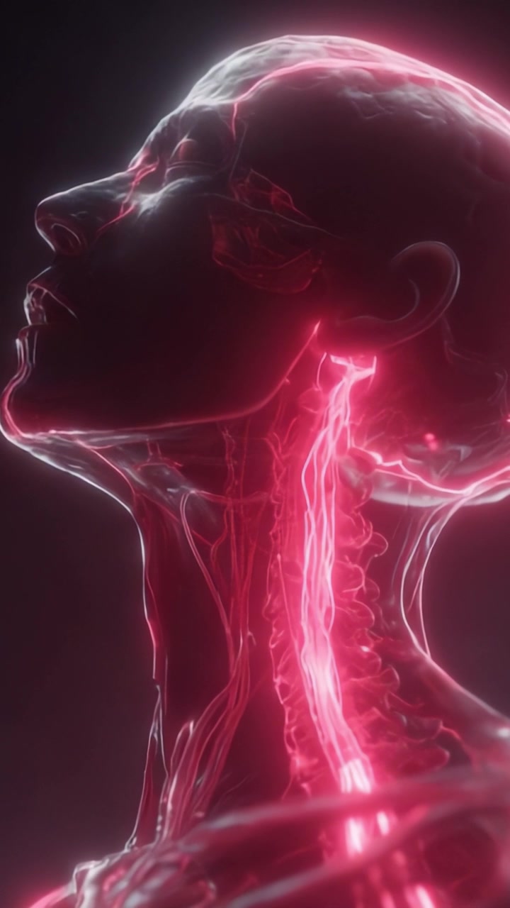 Sorprendente visualizzazione dell'anatomia umana: primo piano mozzafiato delle strutture vascolari illuminate in rosa neon, evidenziando dettagli intricati e profondità