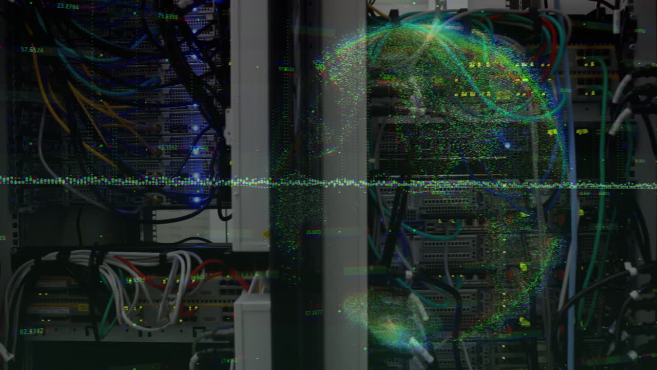 Network server rack showcasing glowing cables and animated digital data globe with waveform overlay