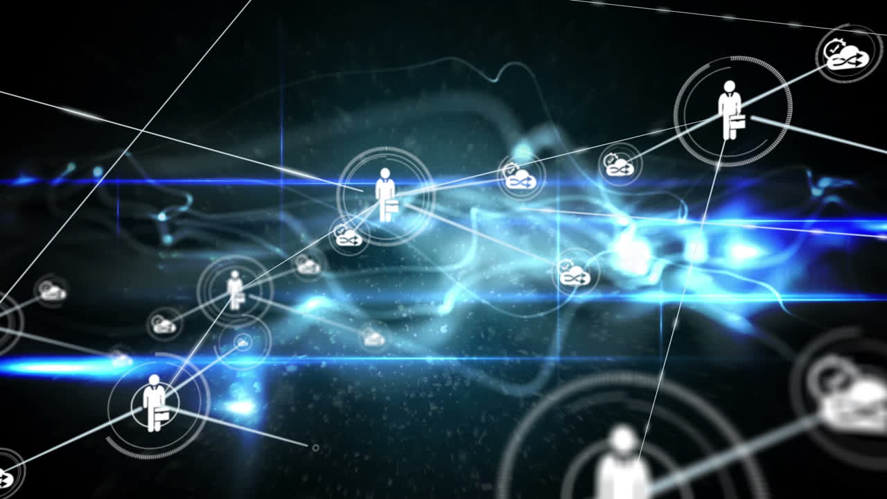 Animation of media icons and network of connections over light trails