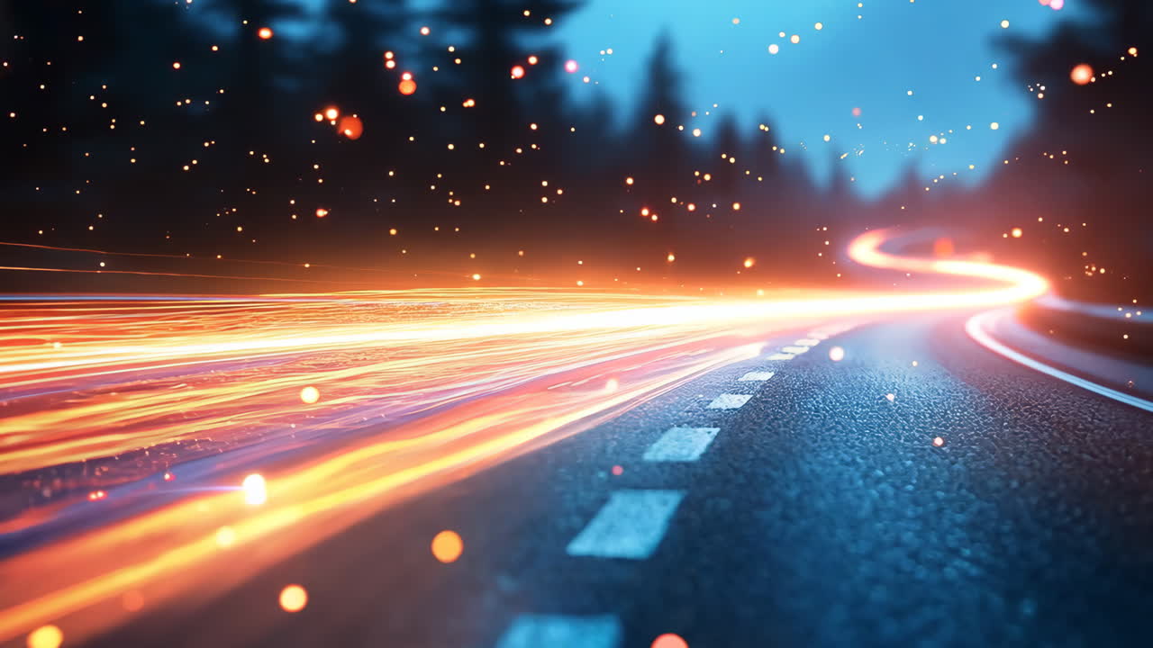 A blurry image of a road with a bright orange line. The image has a sense of motion and energy, as if it were a photograph of a car speeding down the road