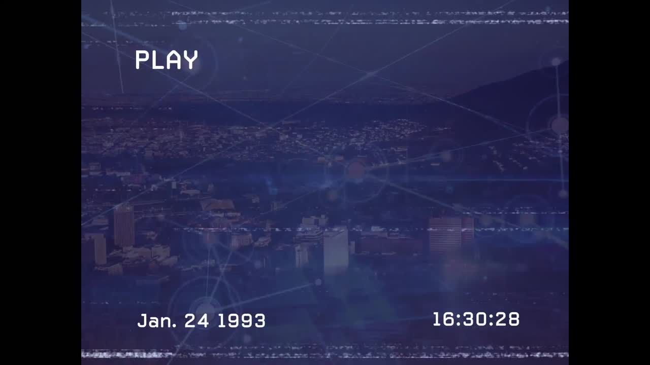 도시 풍경의 공중 시야에 대한 연결 네트워크에 대한 vhs 장애 효과의 애니메이션