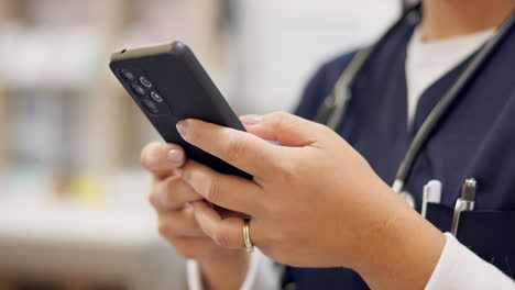 Woman,-phone-and-nurse-typing-for-social-media