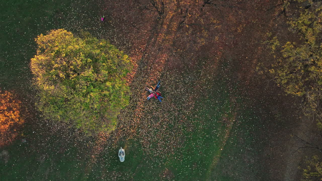 Aerial view of people lying down in autumn park