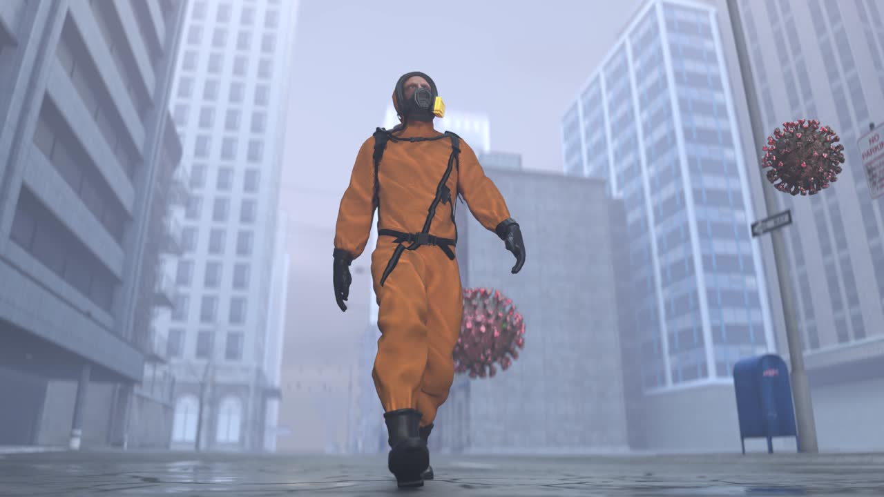 un hombre con un traje de peligro biológico camina por la ciudad con un coronavirus volador