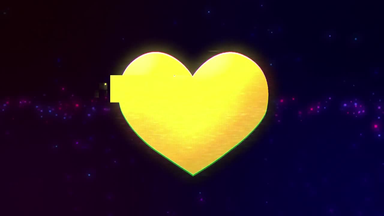 검은색 배경에 다채로운 빛의 반점과 노란색 심장의 애니메이션