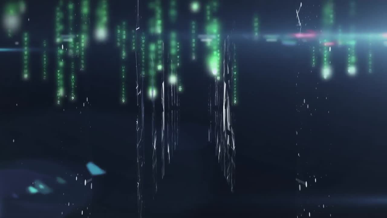 Screens of network of connections and green light trails falling against black background