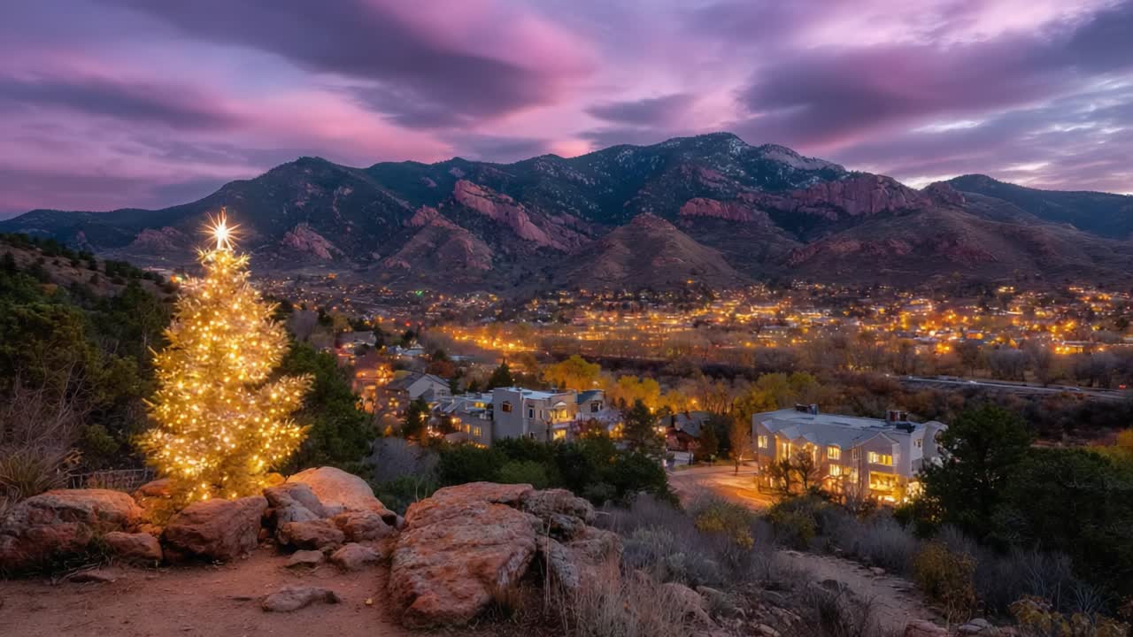 A Stunning Transformation: A Christmas Tree Adorned with Lights Overlooks a Scenic Mountain View During Twilight in a Serene Landscape