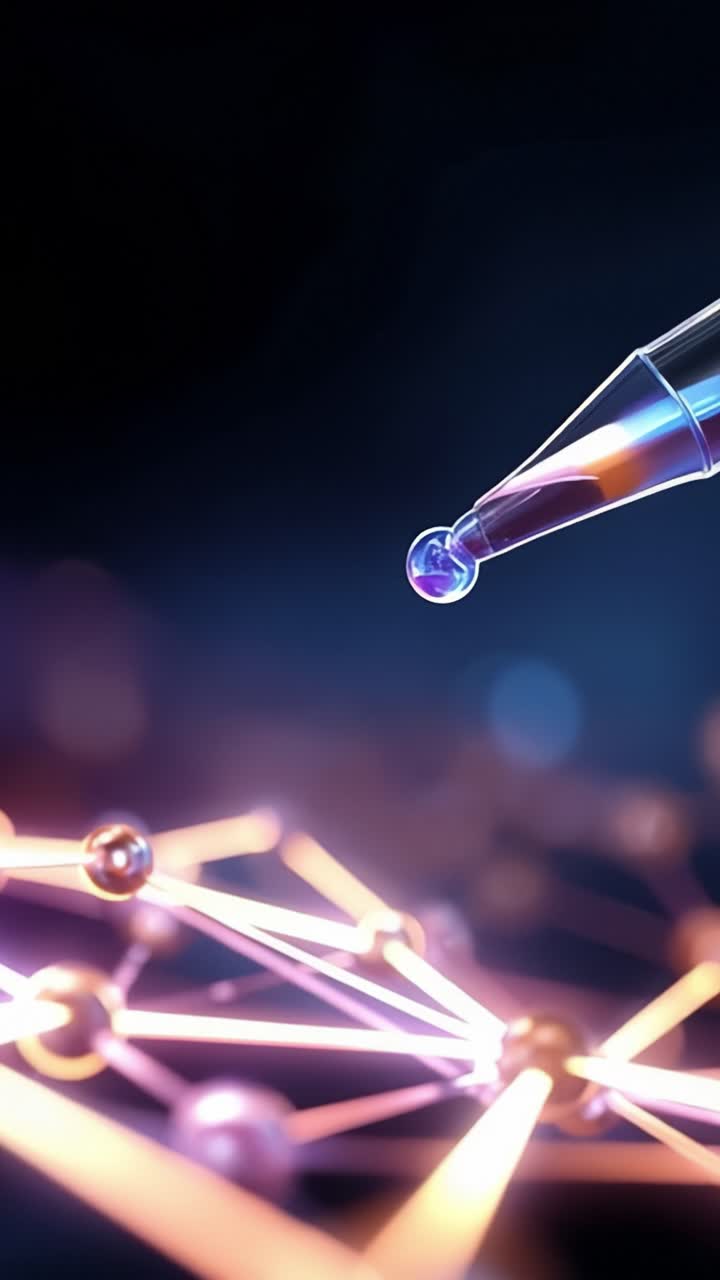 Sperimentazione scientifica avanzata con goccioline di precisione e interazioni tra particelle in una complessa struttura molecolare, catturata con dettagli mozzafiato e colori vivaci.