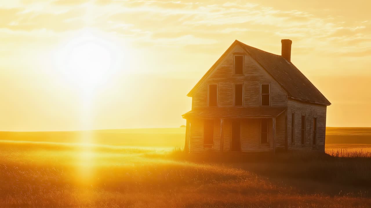 Weathered abandoned house standing solo in golden lit field, embodying rural decay and nostalgic solitude during serene evening landscape