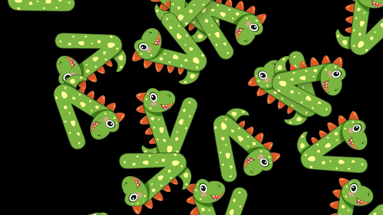 Illustrazioni di simpatici dinosauri verdi che cadono e ruotano nell'inquadratura su sfondo nero
