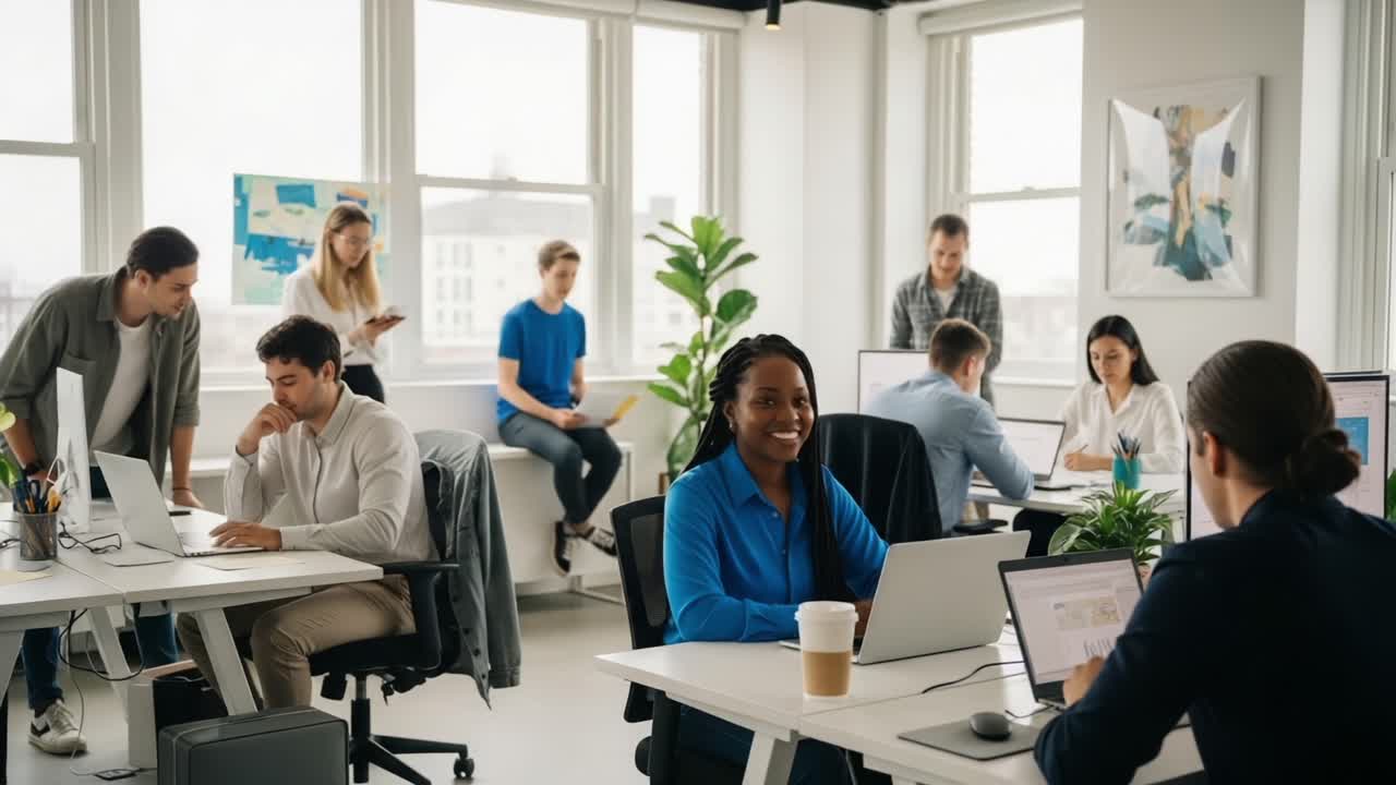 Vibrant Office Collaboration: A Dynamic Work Environment with Employees Engaged in Various Tasks and Creative Discussions, Showcasing Modern Work Culture and Teamwork