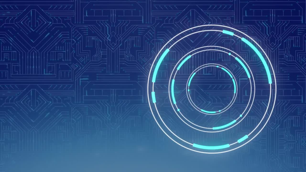 Animation of neon round scanner spinning over microprocessor connection on blue background