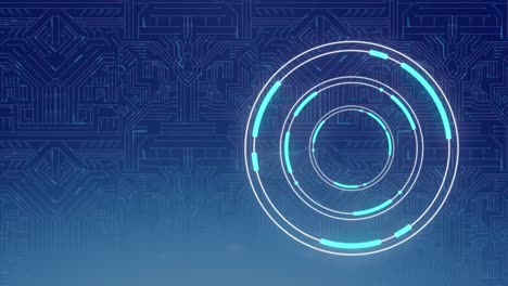 Animation-of-neon-round-scanner-spinning-over-microprocessor-connection-on-blue-background