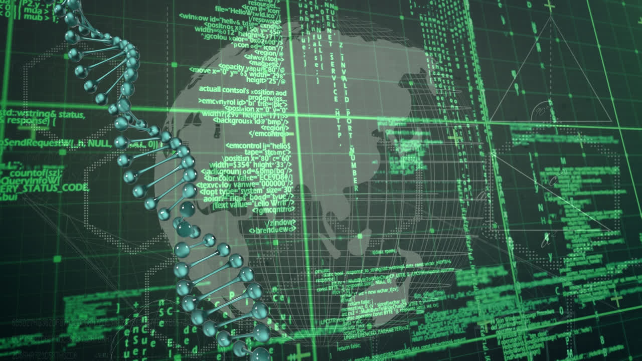animación de cadena de adn giratoria sobre procesamiento de datos y globo