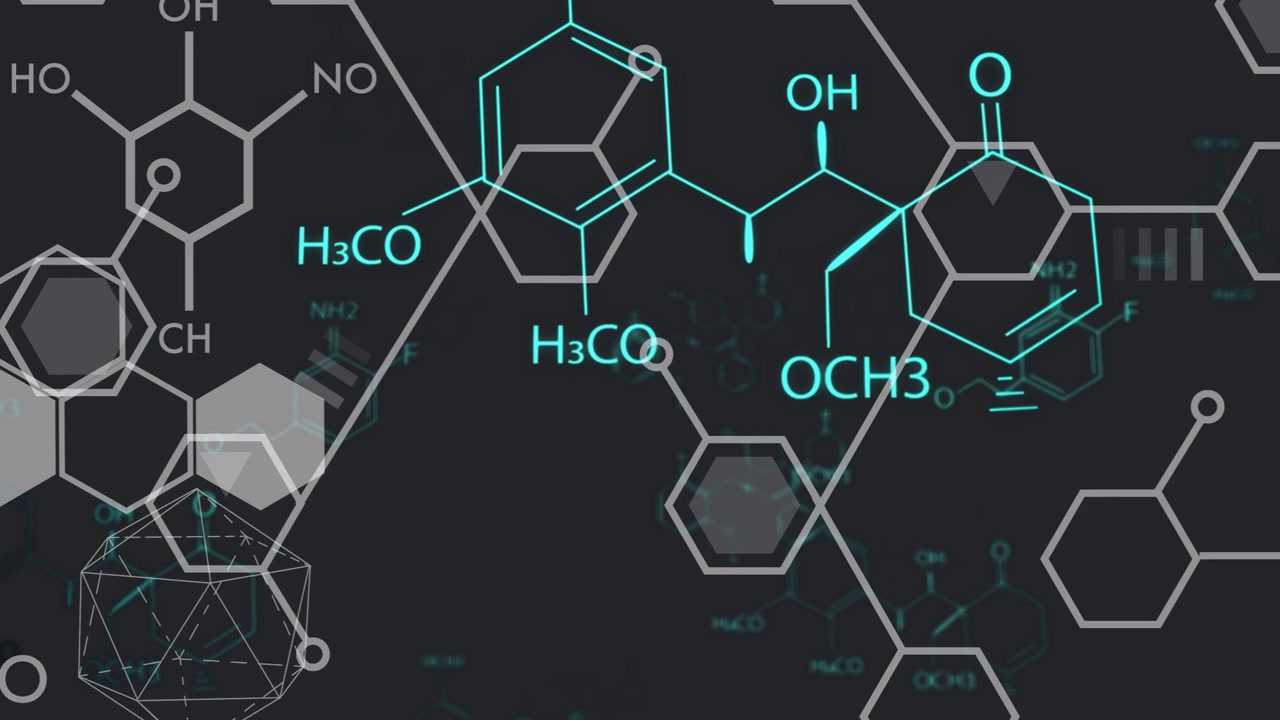 Molecular schematic animating on dark, dense hex causing shifts, teal labels sliding showing data
