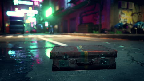 vintage suitcase on a wet city street at night