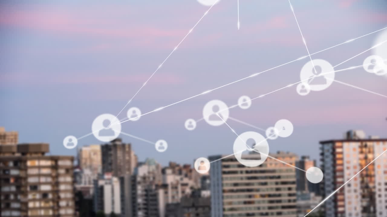 도시 풍경 위의 사람 아이콘과의 연결 네트워크의 애니메이션