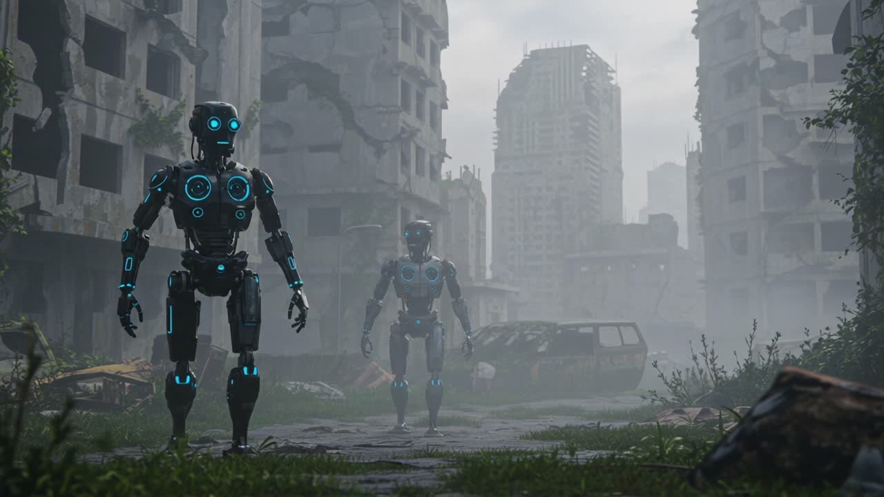 In an abandoned city overrun by nature, two futuristic robots navigate through crumbling buildings, exploring the remnants of a forgotten world while technology and nature collide