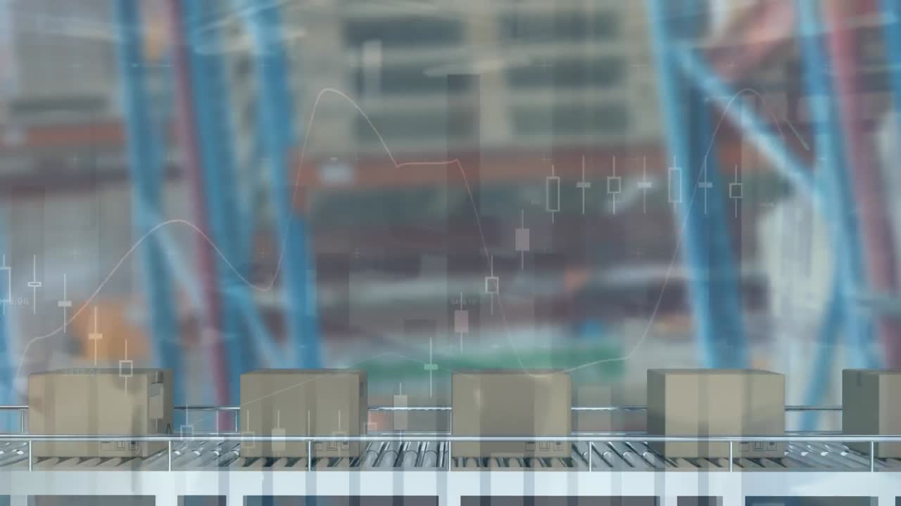 animación del procesamiento de datos sobre cajas en cintas transportadoras en el almacén