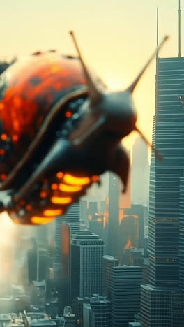 snail gliding above a city. a massive snail flies above a high-tech metropolis at sunset, showcasing incredible technology and architecture.