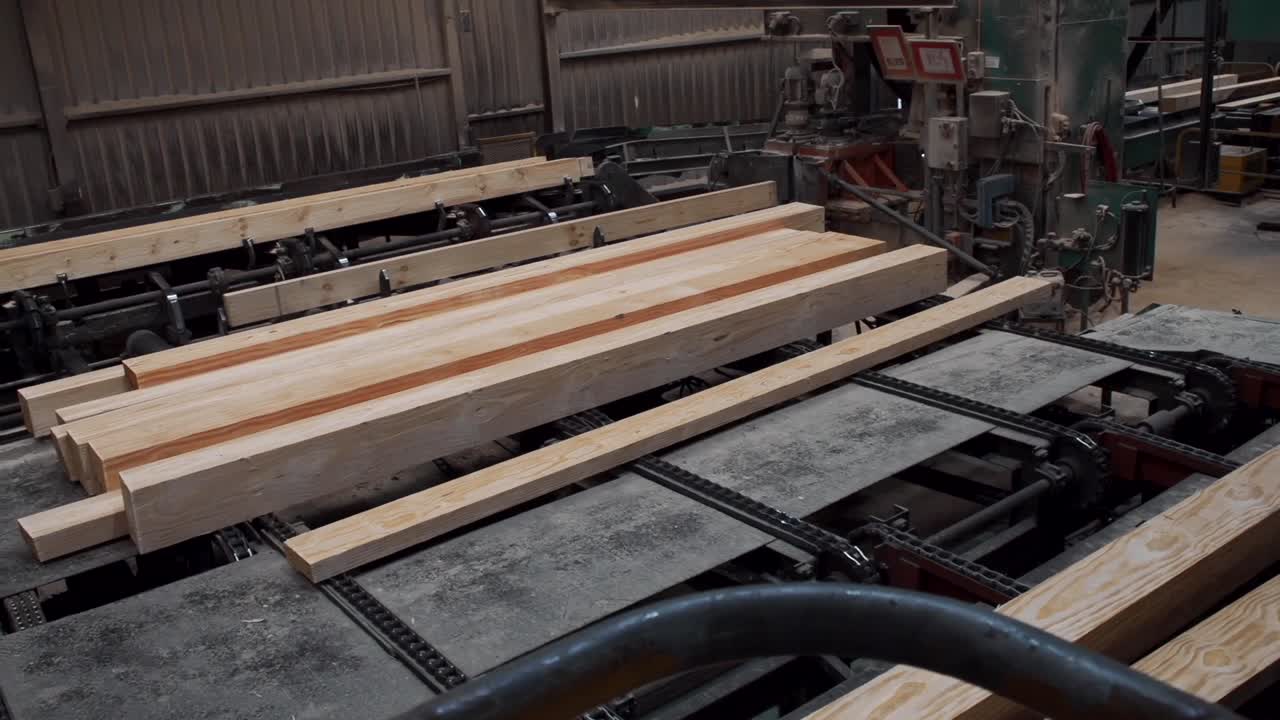 Inside view of a modern sawmill where trees get cut into lumber, pan left
