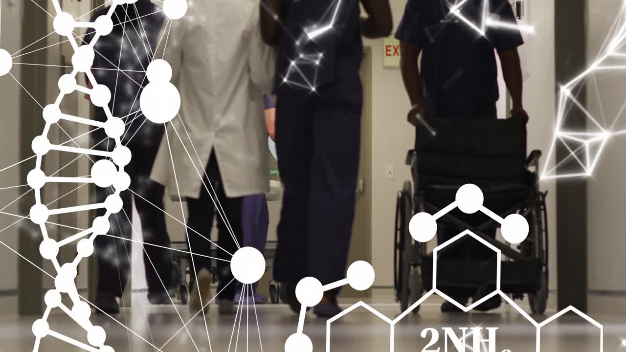 анимация цепи днк и химической формулы на различных врачах в больнице.